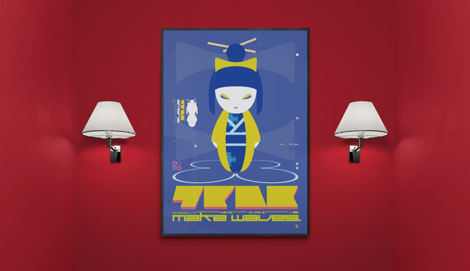 Bathroom with red bathtub, black tiles, and a colorful wall art above the tub.