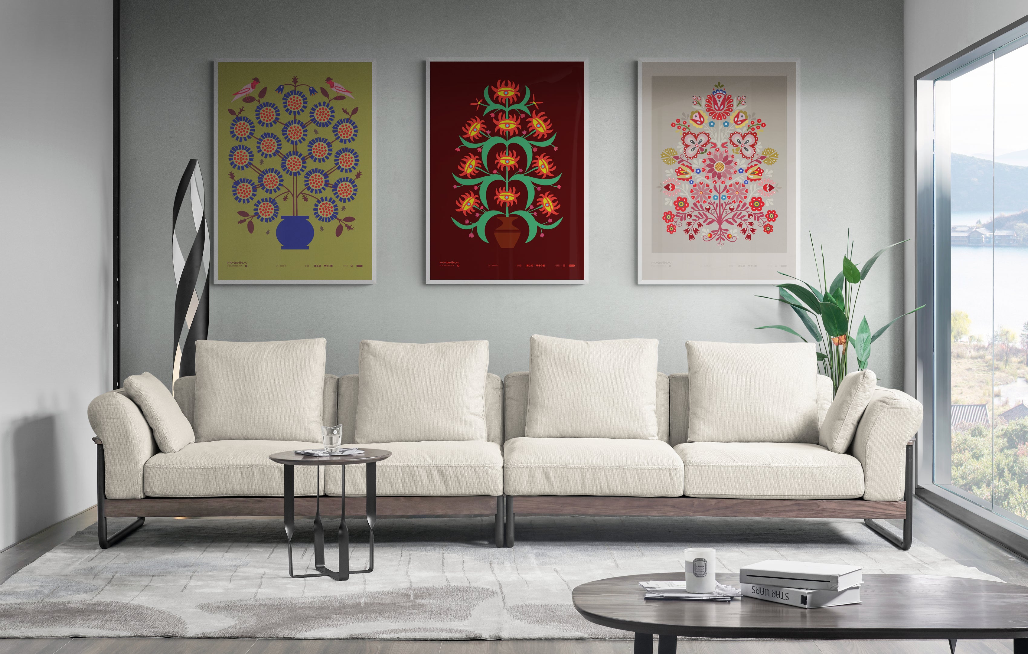 Modern living room with a beige sofa, colorful wall art, and a cityscape view.